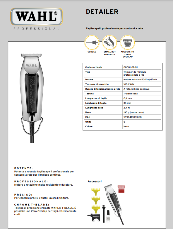 WAHL PROFESSIONAL TAGLIACAPELLI CLASSIC SERIES DETAILER